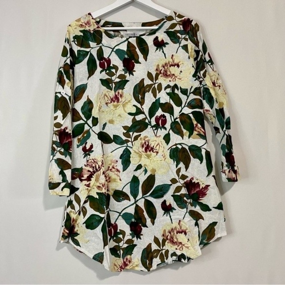Cellabie Women’s Floral Print Roll-Tab Sleeve Shift Dress Beige Rose NWT